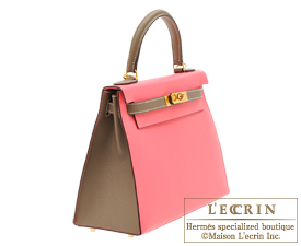 Hermes　Kelly bag 28　Rose azalee/Etoupe grey　Epsom leather　Gold hardware