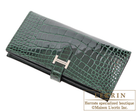 Hermes　Bearn Soufflet　Vert fonce　Alligator　crocodile skin　Silver  hardware