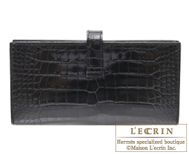 Hermes　Bearn Soufflet　Black　Alligator crocodile skin　Rose gold hardware