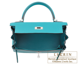 Hermes　Kelly bag 28　Blue paon　Clemence leather　Silver hardware