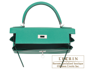 Hermes　Kelly bag 28　Vert vertigo　Clemence leather　Silver hardware