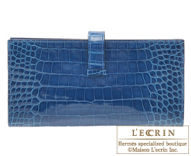 Hermes　Bearn Soufflet　Mykonos/Mykonos Blue　Alligator　crocodile skin　Gold hardware