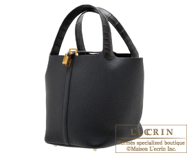 Hermes　Picotin Lock　Touch bag 22/MM　Black　Clemence leather/Matt alligator crocodile skin　Gold hardware