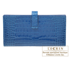 Hermes　Bearn Soufflet　Mykonos/Mykonos Blue　Alligator　crocodile skin　Silver hardware