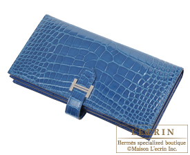 Hermes　Bearn Soufflet　Mykonos/Mykonos Blue　Alligator　crocodile skin　Silver hardware