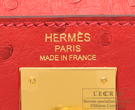 Hermes　Kelly bag 28　Rouge vif　Ostrich leather　Gold hardware
