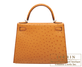 Hermes　Kelly bag 28　Gold　Ostrich leather　Silver hardware