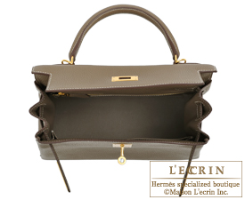 HERMÈS Graphite, Etoupe and Gris Tourterelle Clemence Leather Kelly 35cm  Retourne at 1stDibs