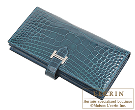 Hermes　Bearn Soufflet　Colvert/Colvert blue　Alligator crocodile skin　Silver hardware