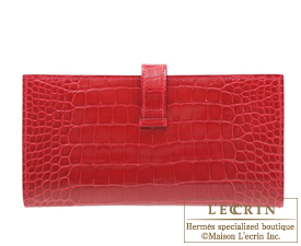 Hermes　Bearn Soufflet　Braise/Bright red　Alligator　crocodile skin　Gold hardware