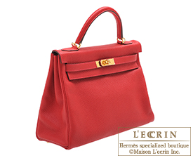Hermes　Kelly bag 32　Retourne　Rouge casaque/Bright red　Clemence leather　Gold hardware