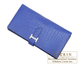 Hermes　Bearn Soufflet　Blue electric　Matt alligator crocodile skin　Silver hardware