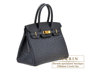 Hermes　Birkin bag 30　Blue indigo　Ostrich leather　Gold hardware