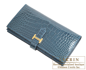 Hermes　Bearn Soufflet　Colvert　Alligator crocodile skin　Gold hardware