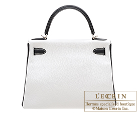 Hermes　Kelly bag 28　White/Black　Clemence leather　Silver hardware