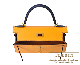 Hermes　Kelly bag 28　Jaune d'or/Blue saphir　Epsom leather　Matt gold hardware