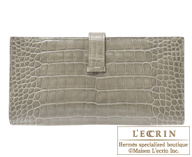 Hermes　Bearn Soufflet　Gris tourterelle　Alligator crocodile skin　Silver hardware