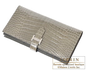 Hermes　Bearn Soufflet　Gris tourterelle　Alligator crocodile skin　Silver hardware