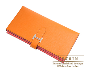 Hermes　Bearn Soufflet Verso　Apricot/Rose azalee　Epsom leather　Silver hardware