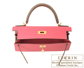 Hermes　Kelly bag 28　Rose azalee/Etoupe grey　Epsom leather　Gold hardware