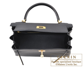 Hermes　Kelly bag 28　Black　Togo leather/Porosus　crocodile skin　Gold hardware