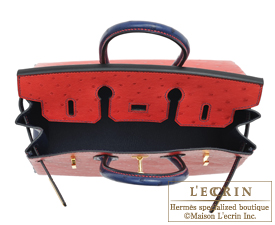 Hermes　Birkin bag 25　Rouge vif/Blue iris　Ostrich leather　Gold hardware