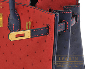 Hermes　Birkin bag 25　Rouge vif/Blue iris　Ostrich leather　Gold hardware
